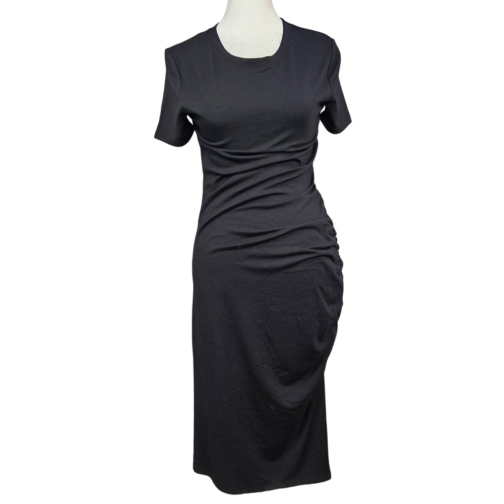 Treasure & Bond Womens Black Ruched Side Midi T-Shirt Dress Short Sleeve Crew XS